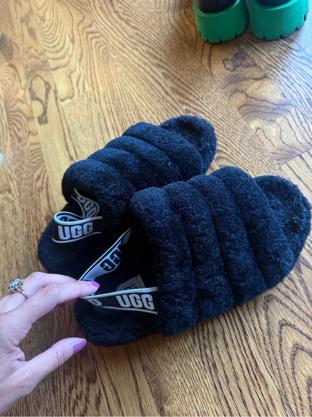 UGG Black Quilted Faux-Shearling Slide Slippers with Branded Strap